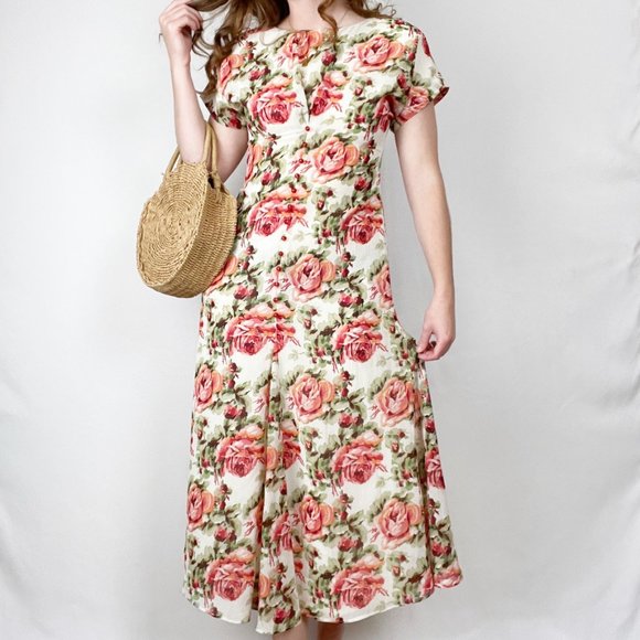 Vintage Floral Fit & Flare Pleated Button Up Midi Maxi Dress Spring Summer Sun - Picture 2 of 6